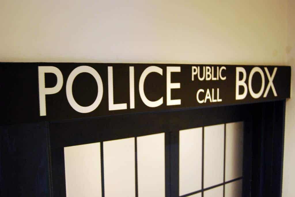 Police box sticker on top of TARDIS door