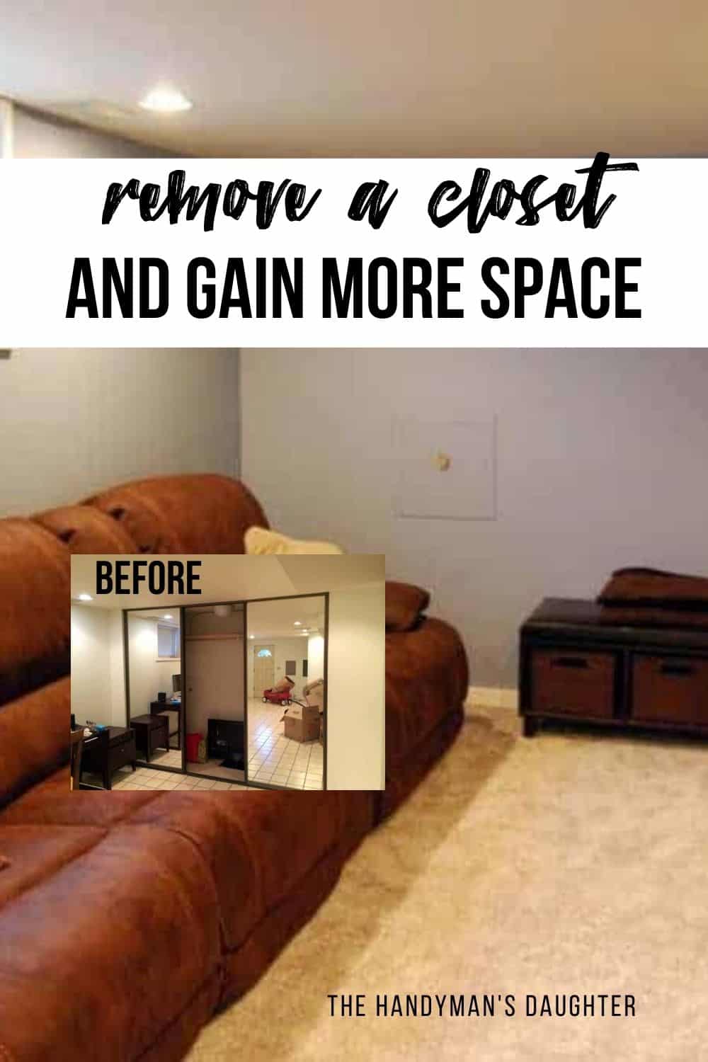 before and after of family room with text overlay "remove a closet and gain more space"