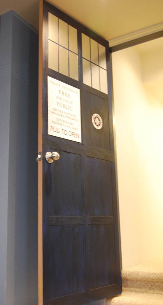 The view from inside our media room, admiring the new TARDIS door!