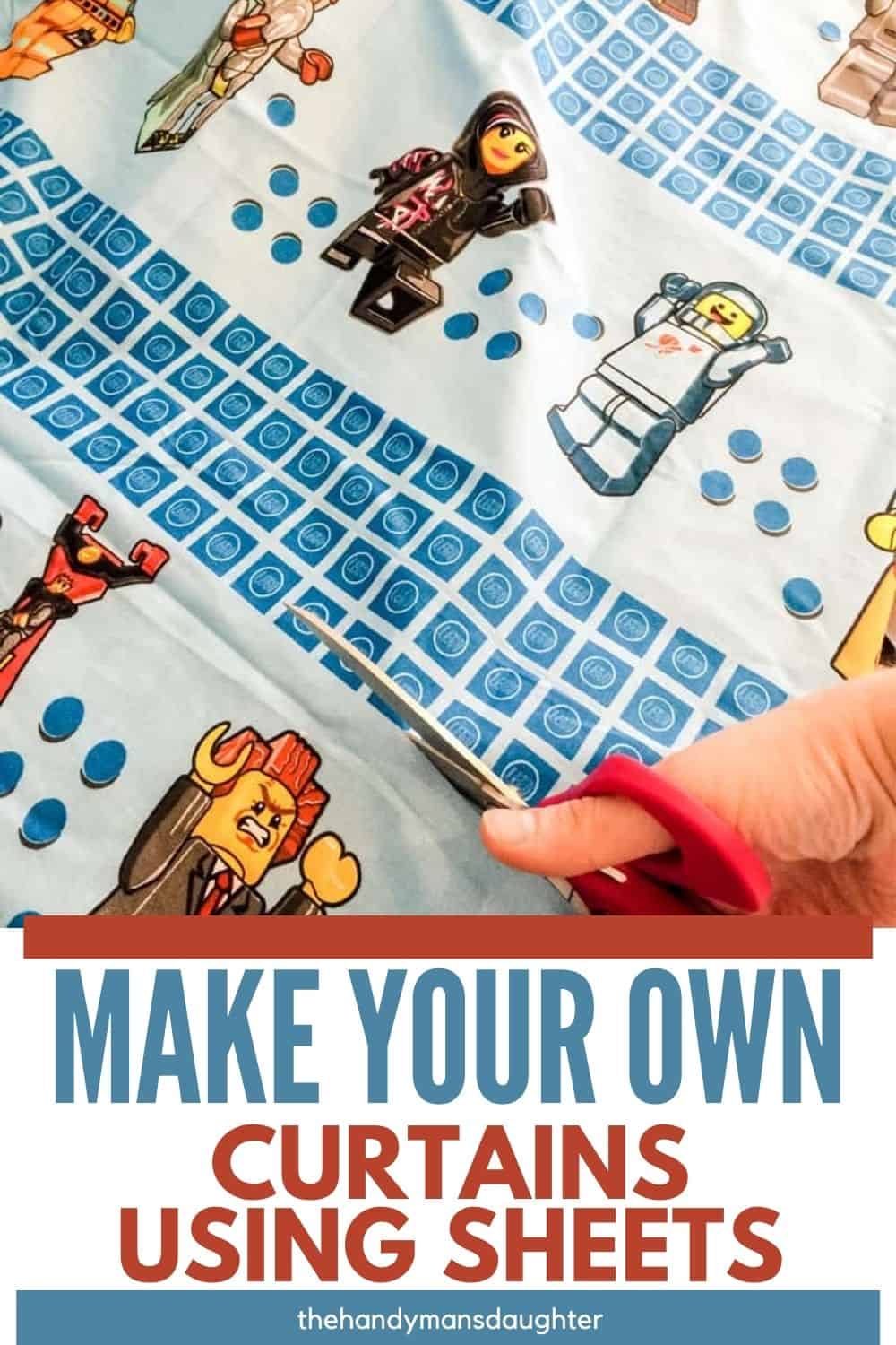 cutting sheets to make curtains with text overlay " Make your own curtains using sheets"