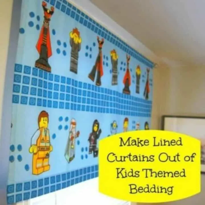 curtain made from lego sheet with text overlay "Make lined curtains out of Kids themed bedding"