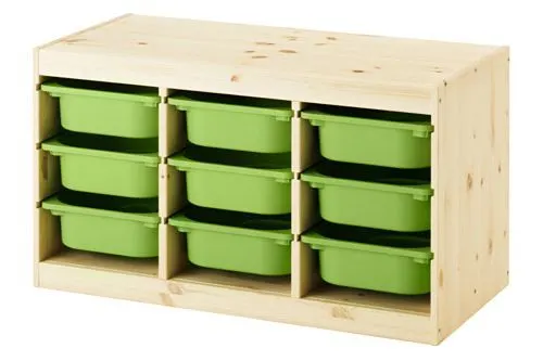 IKEA Trofast storage unit with natural wood frame and green bins