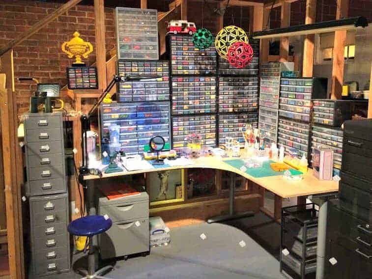 Lego Movie set with Lego storage bins on desk