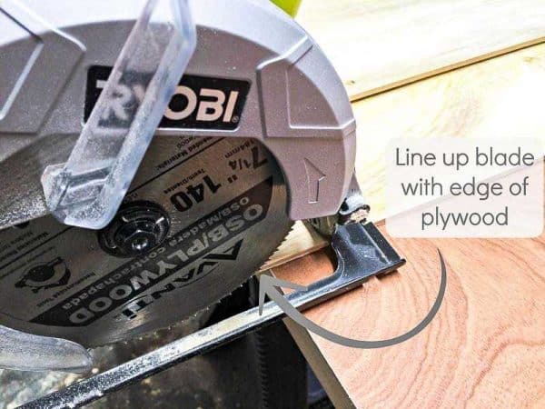 To create your own circular saw jig, line up the blade with the edge of a piece of ¼" plywood