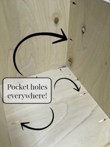 assemble the bench storage box with pocket holes and screws for added stability