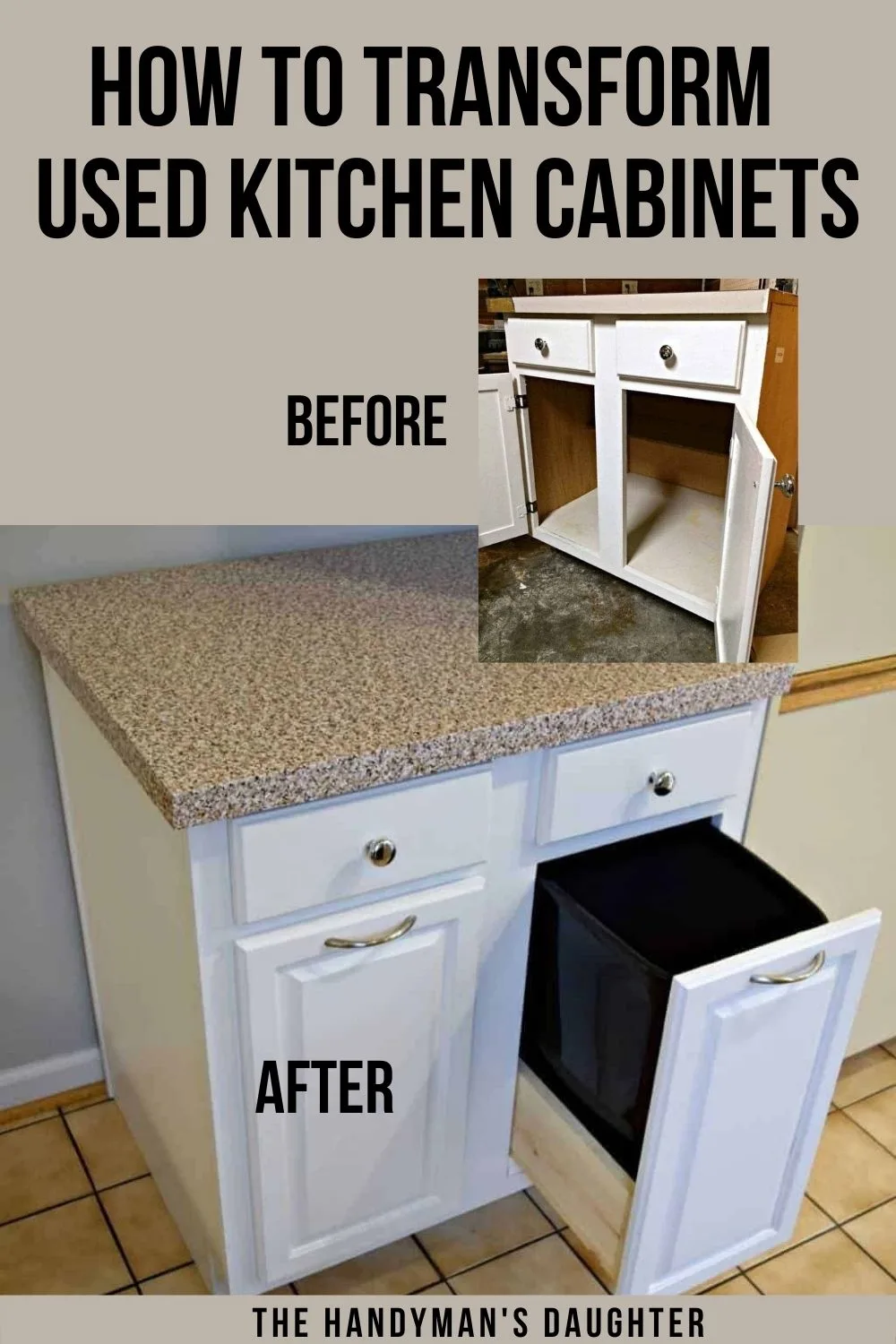 image before and after of used kitchen cabinet with text overlay