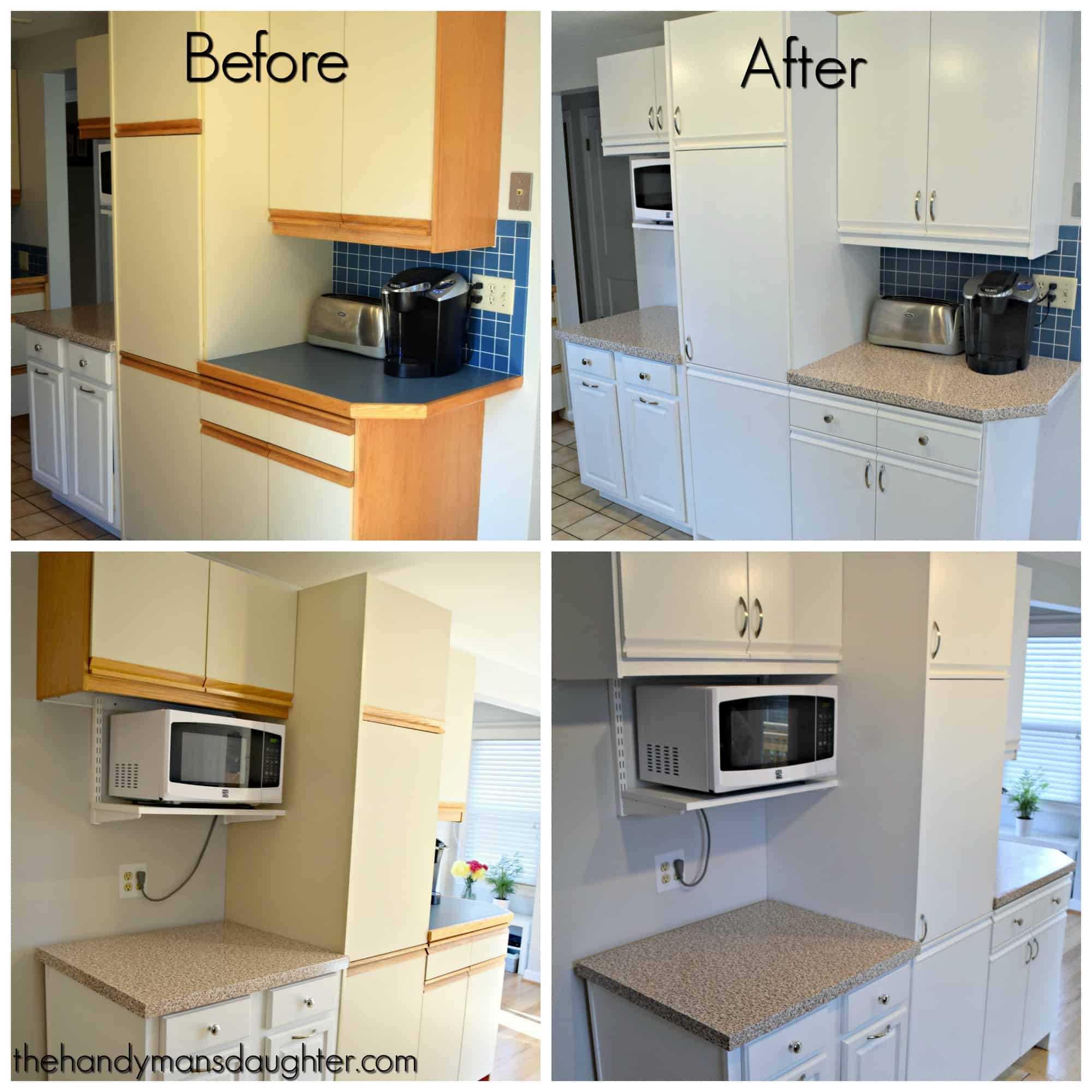 before and after grid of photos showing painted melamine cabinets with oak trim
