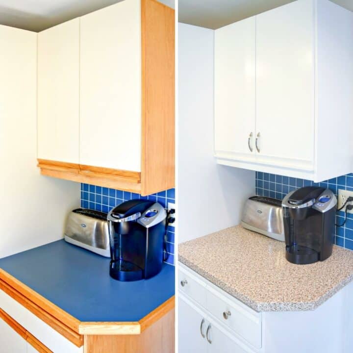 before and after painting laminate kitchen cabinets