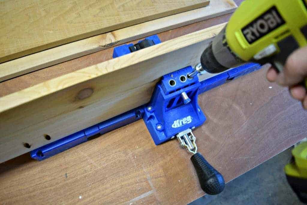 Drilling pocket holes for my outdoor storage bench lid with my new Kreg Jig K5! - www.thehandymansdaughter.com
