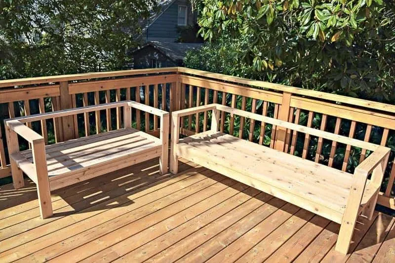 DIY outdoor loveseat and sofa unstained on deck