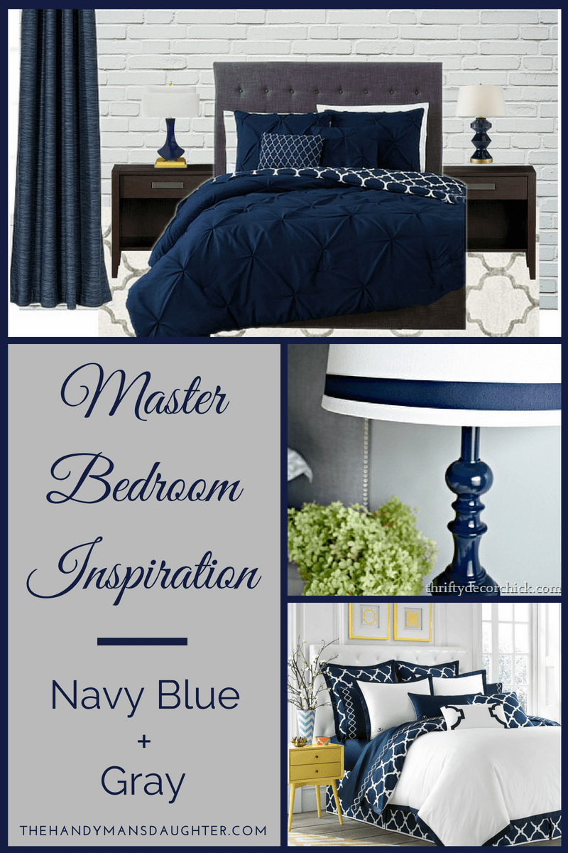 collage of navy blue and gray bedroom inspiration ideas