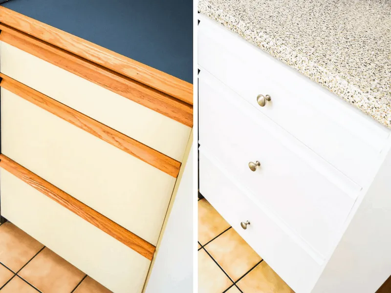 before and after photos of painted kitchen cabinet drawers