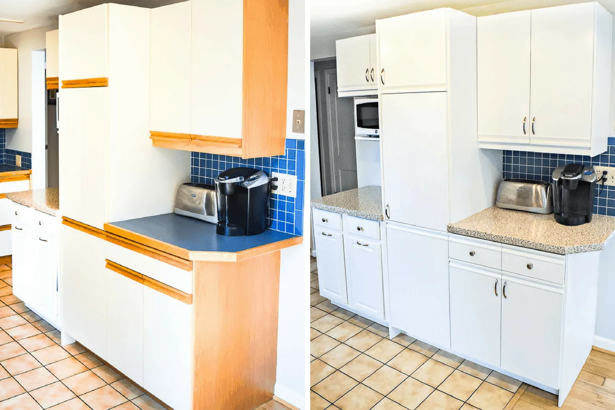 melamine and oak kitchen cabinets before and after painting