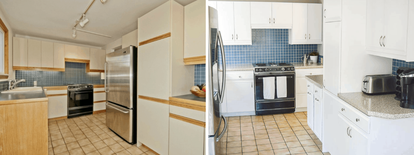 before and after view of entire kitchen after painting cabinets