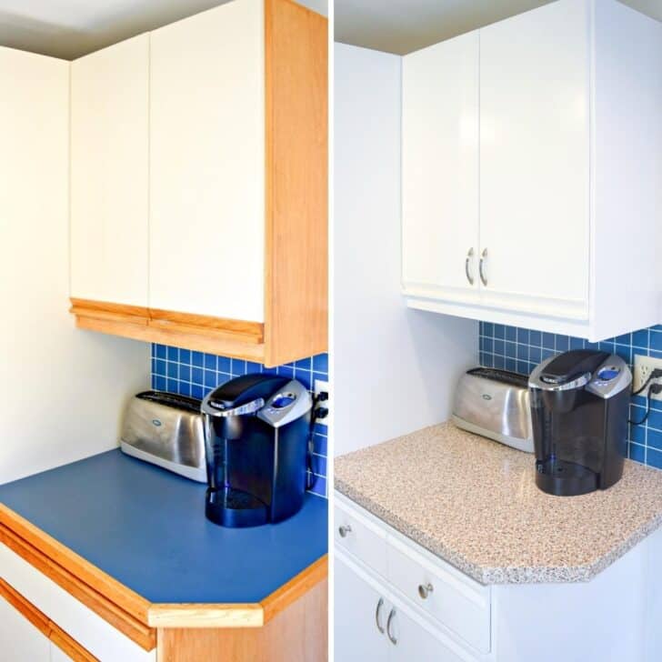 before and after painting 80s kitchen cabinets
