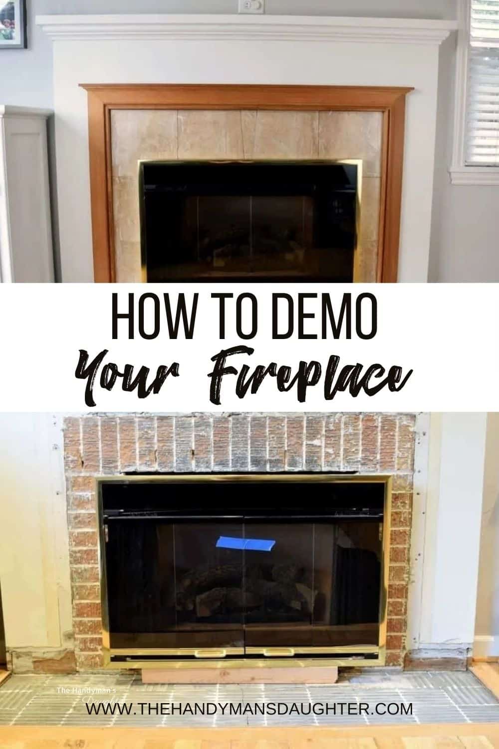 before and after image of fireplace demo with text overlay