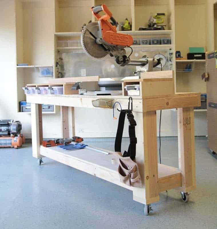 This miter saw bench, with some customized storage, will be perfect in my quest for workshop organization!