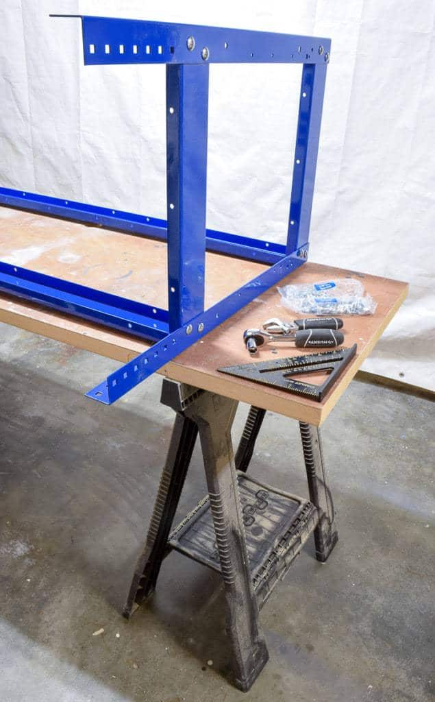 legs of Kreg workbench attached to horizontal stretchers