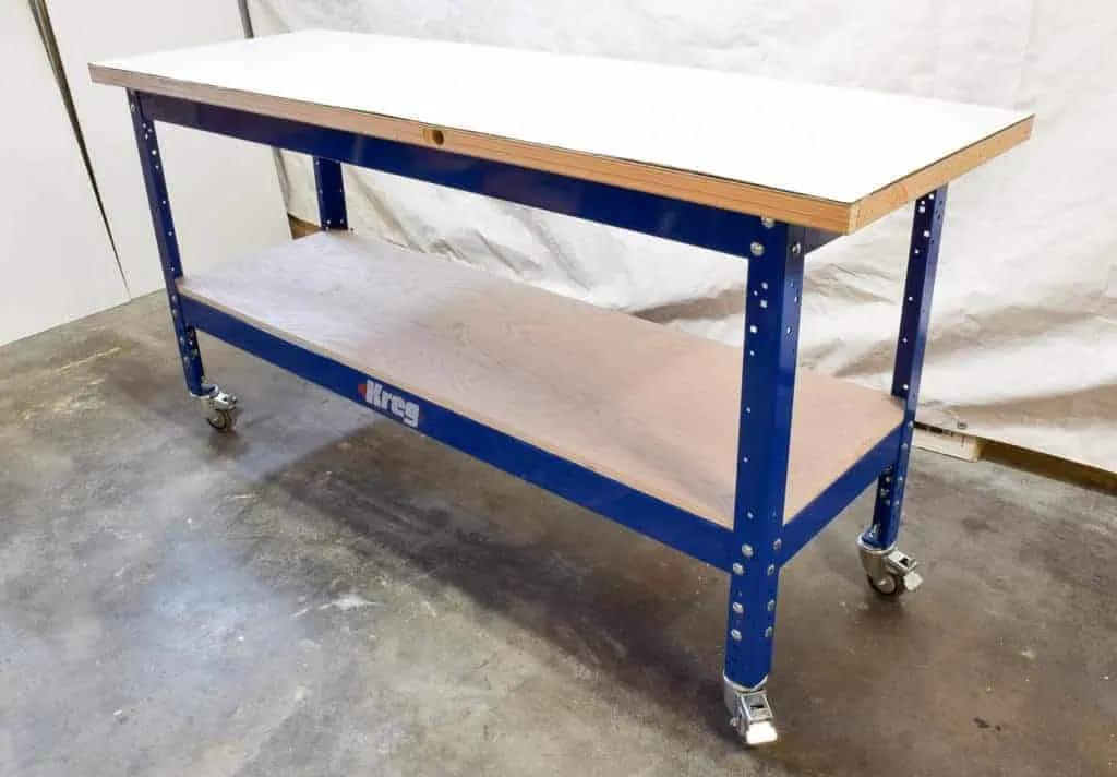 long, narrow Kreg workbench in workshop