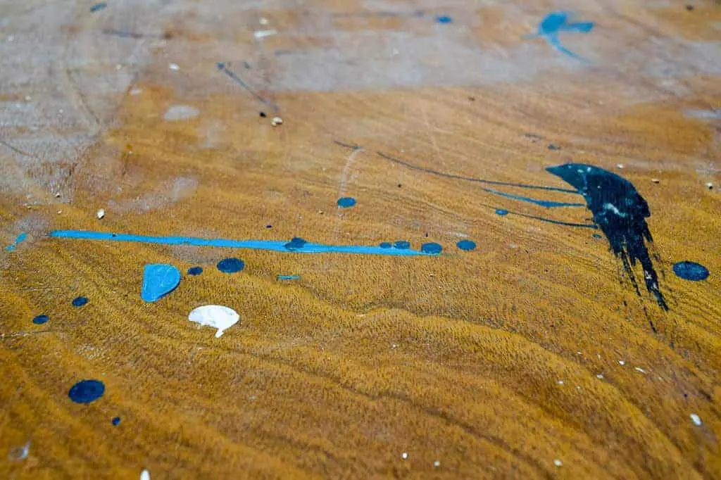 paint splattered workbench top