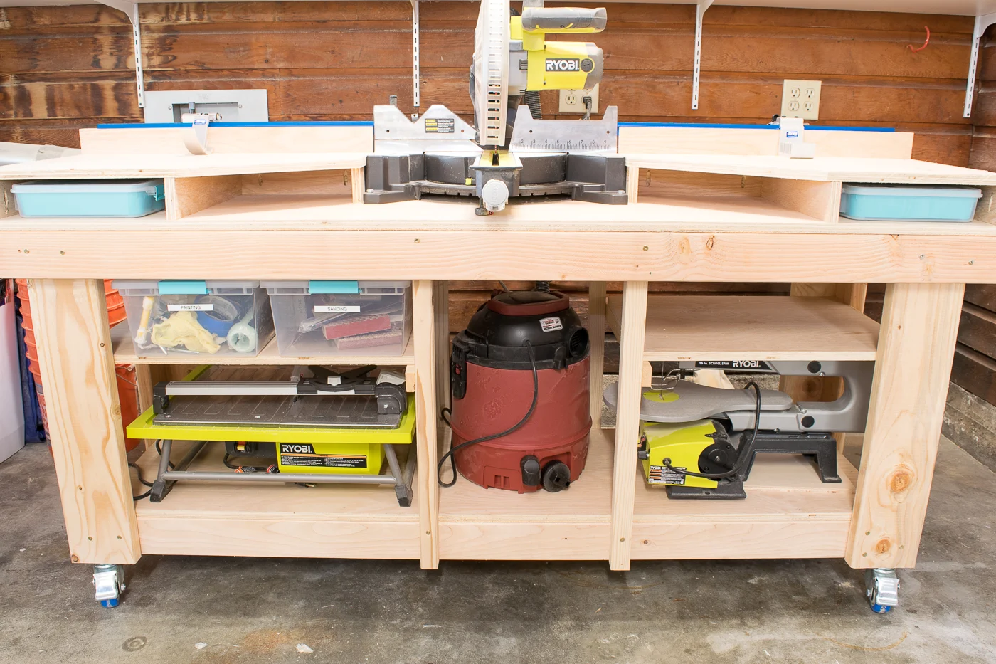 DIY workbench with miter saw and stop block system