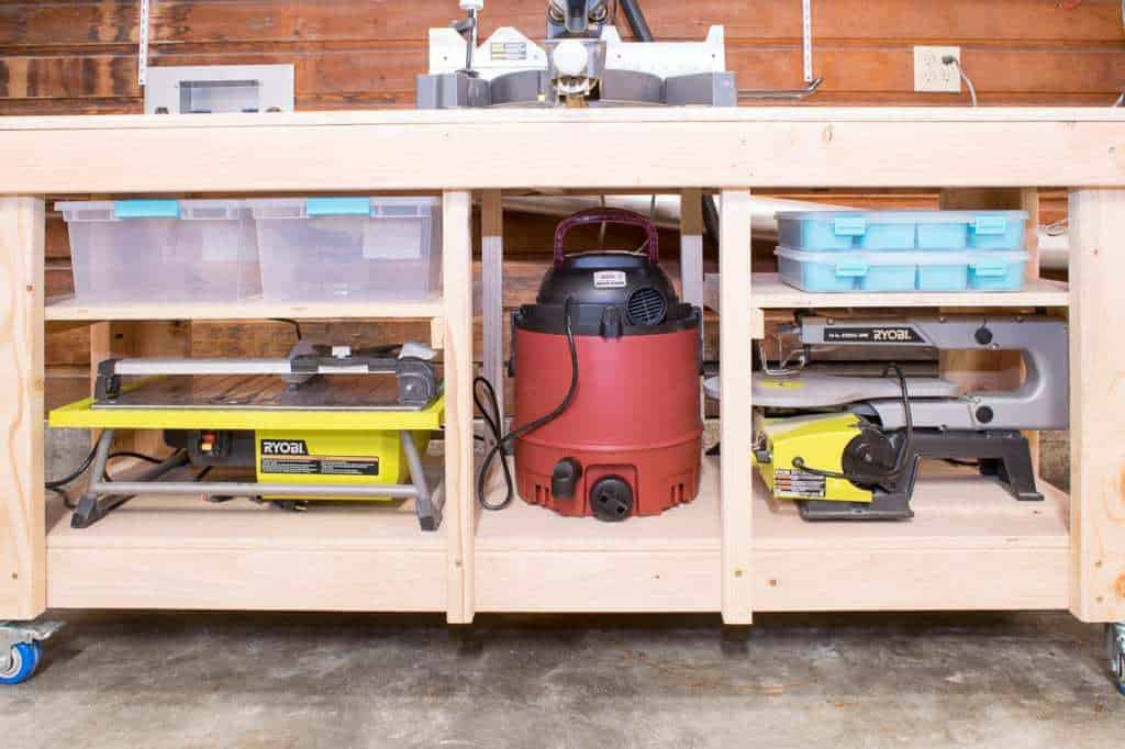 The custom shelves of this miter saw stand take advantage of every inch of space!