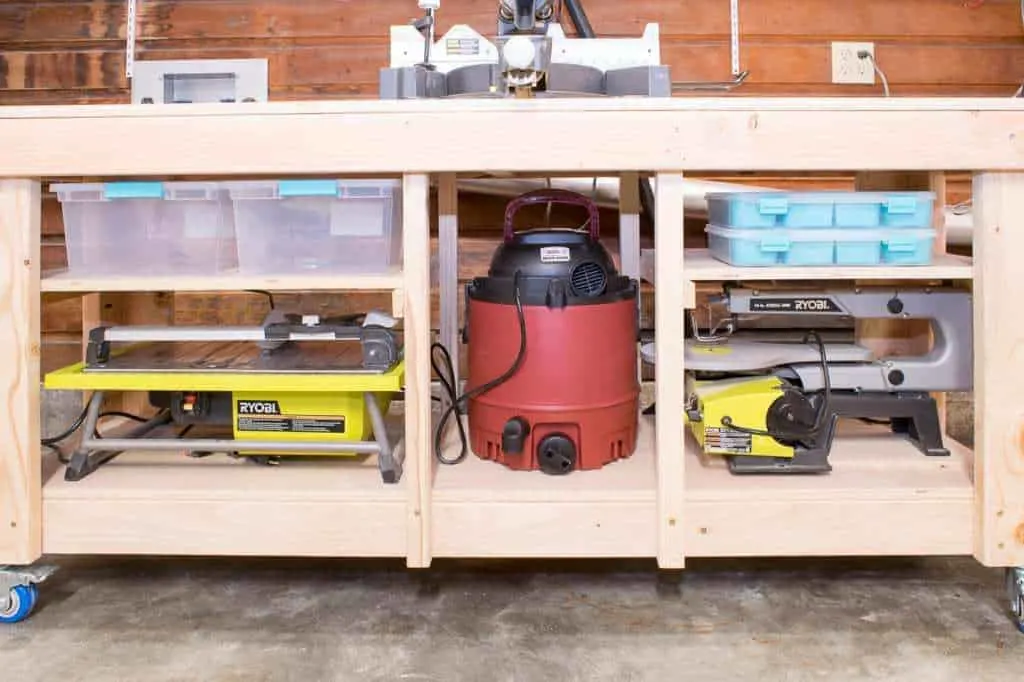 The custom shelves of this miter saw stand take advantage of every inch of space!