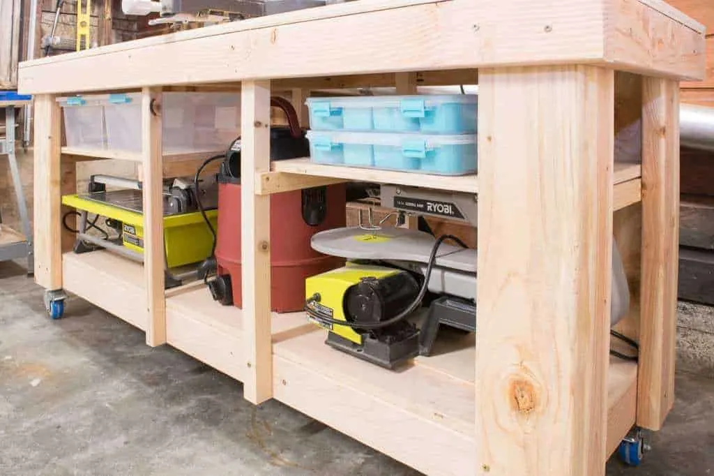 DIY mobile workbench with storage shelves