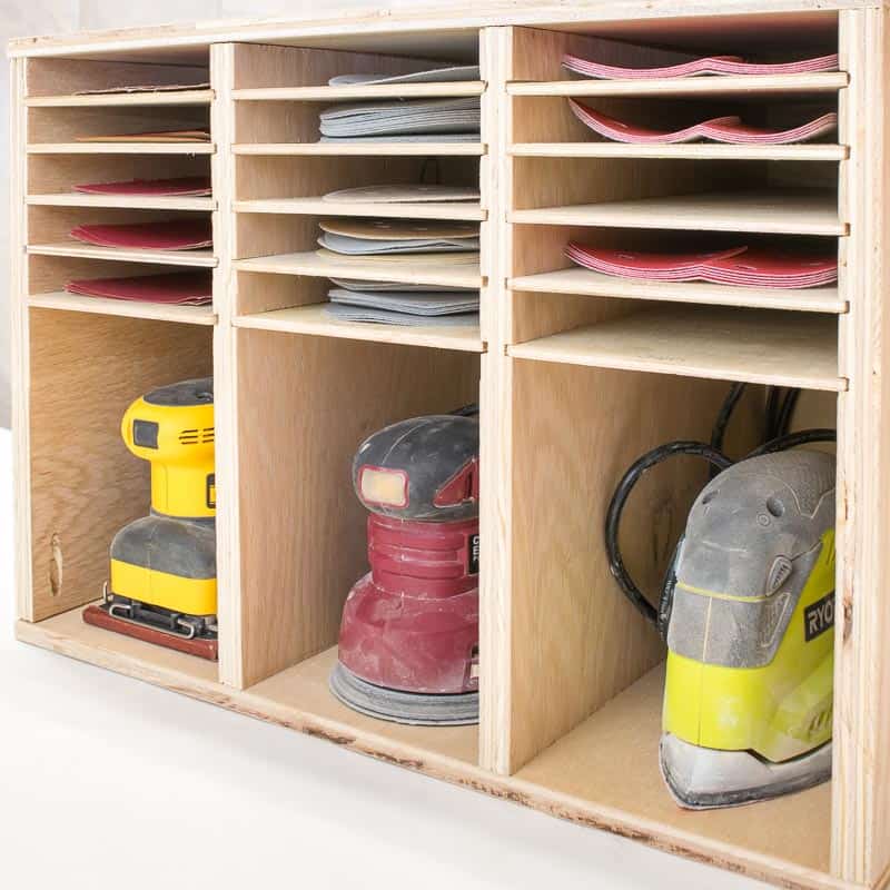 sander and sandpaper organizer with three different types of sanders