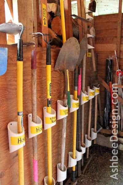 garden tool storage using PVC pipe