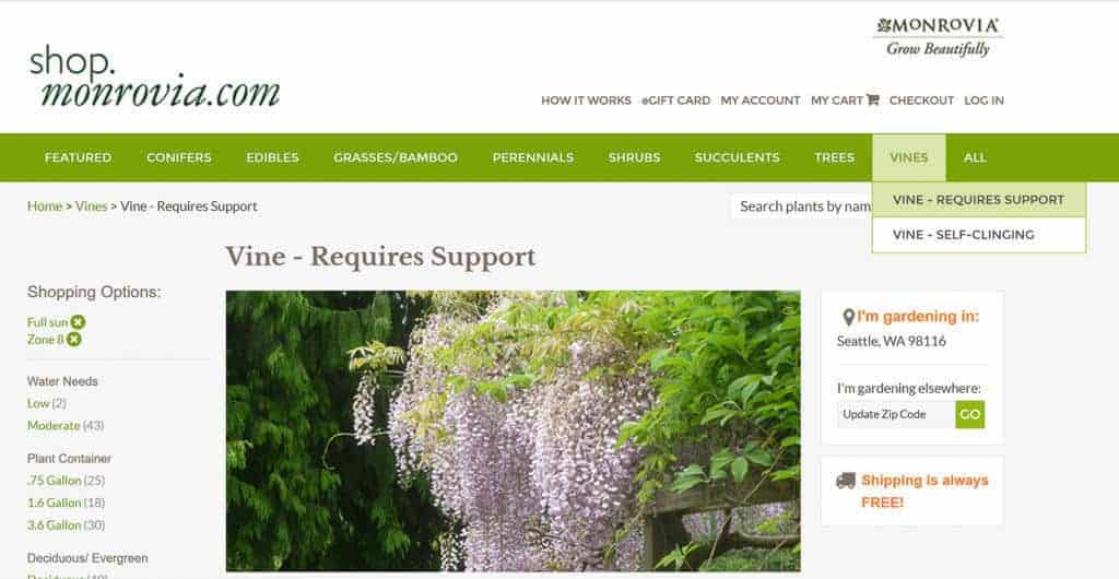 Monrovia website with page on vines requiring support