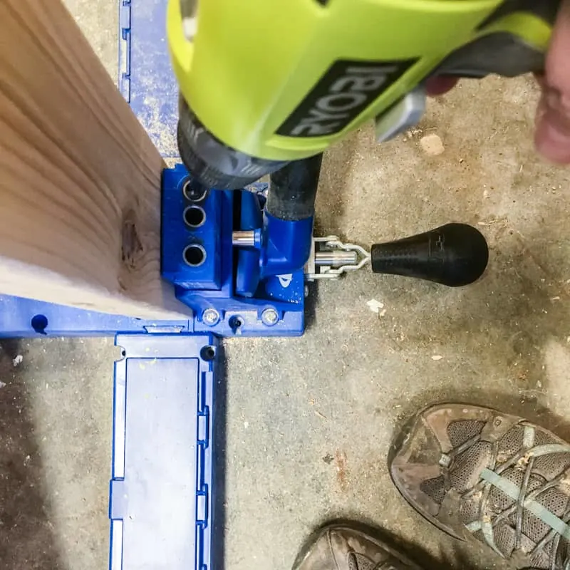 drilling pocket holes for DIY outdoor storage bench
