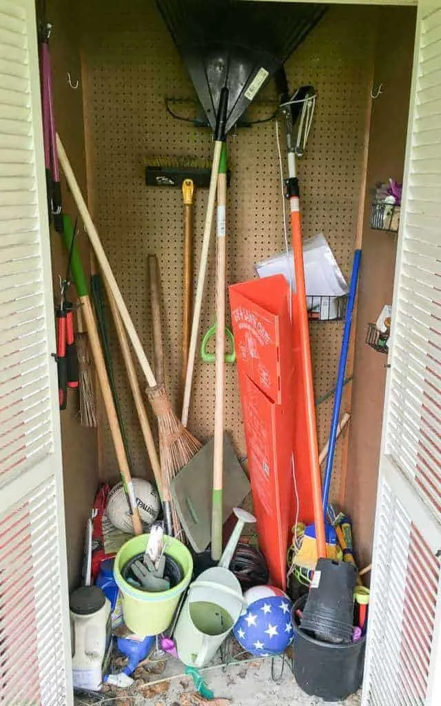 Messy shed in need of garden tool storage ideas