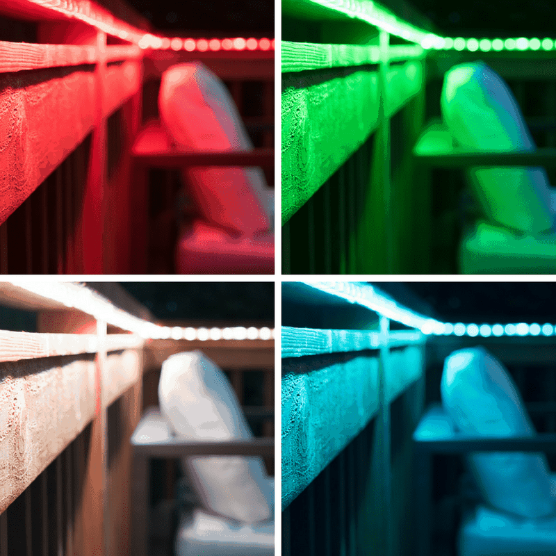outdoor rope lights under deck railing in four different colors