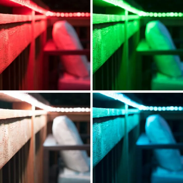 LED rope lights under deck railing in red, green, white and blue colors