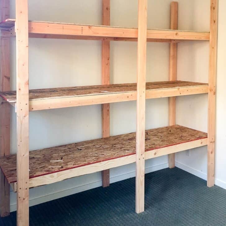 DIY storage shelves from 2x4s and plywood