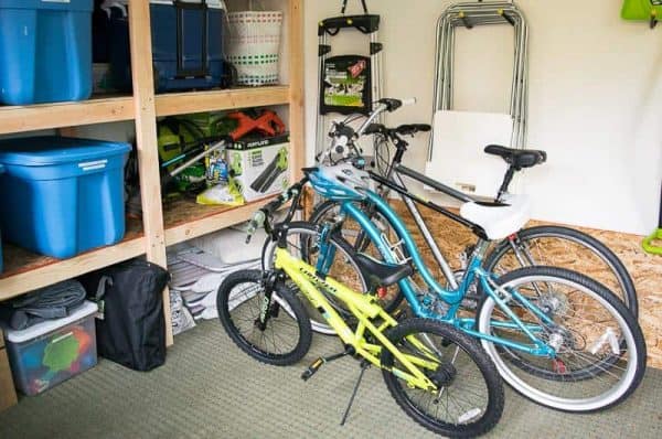 shed shelving with bikes parked in front