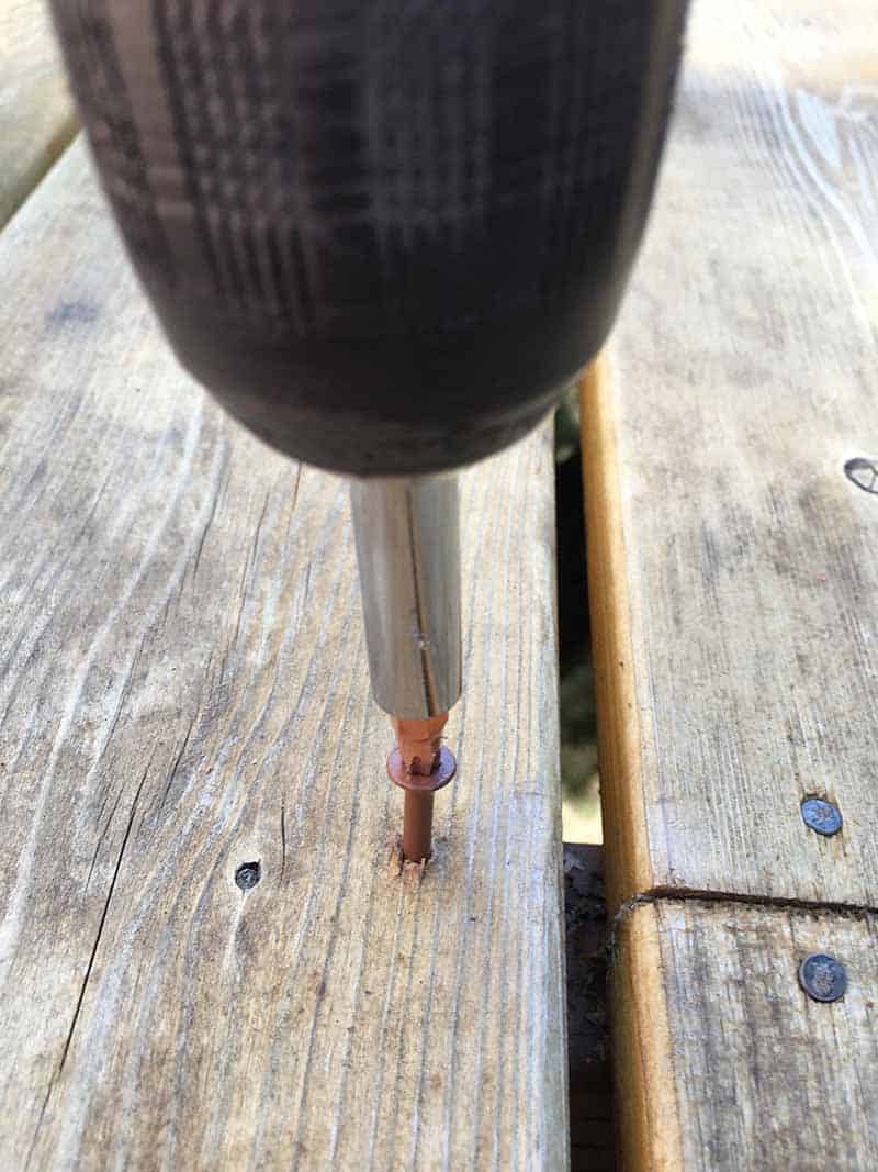 screwing deck screw into board on deck during deck repair