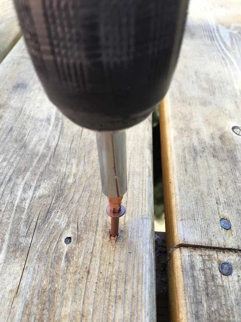 screwing deck screw into board on deck during deck repair