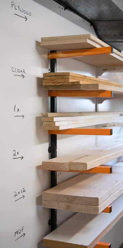 labeled shelves of lumber rack