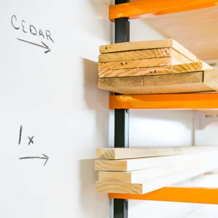 lumber rack with whiteboard wall for labeling stock