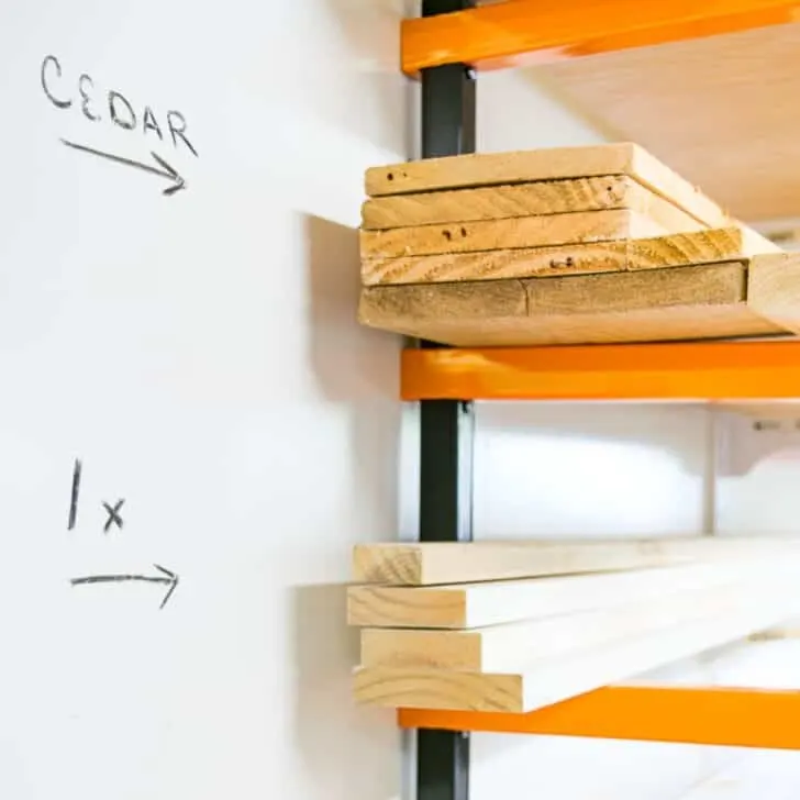lumber rack with whiteboard wall for labeling stock