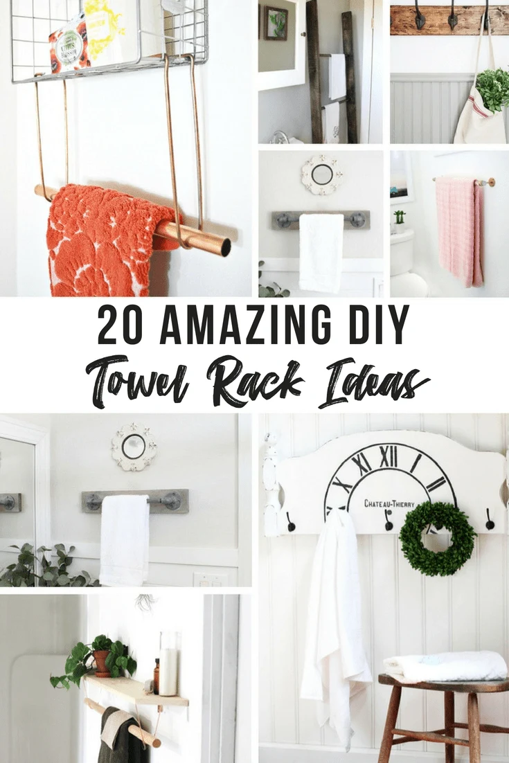 collage of DIY towel rack ideas