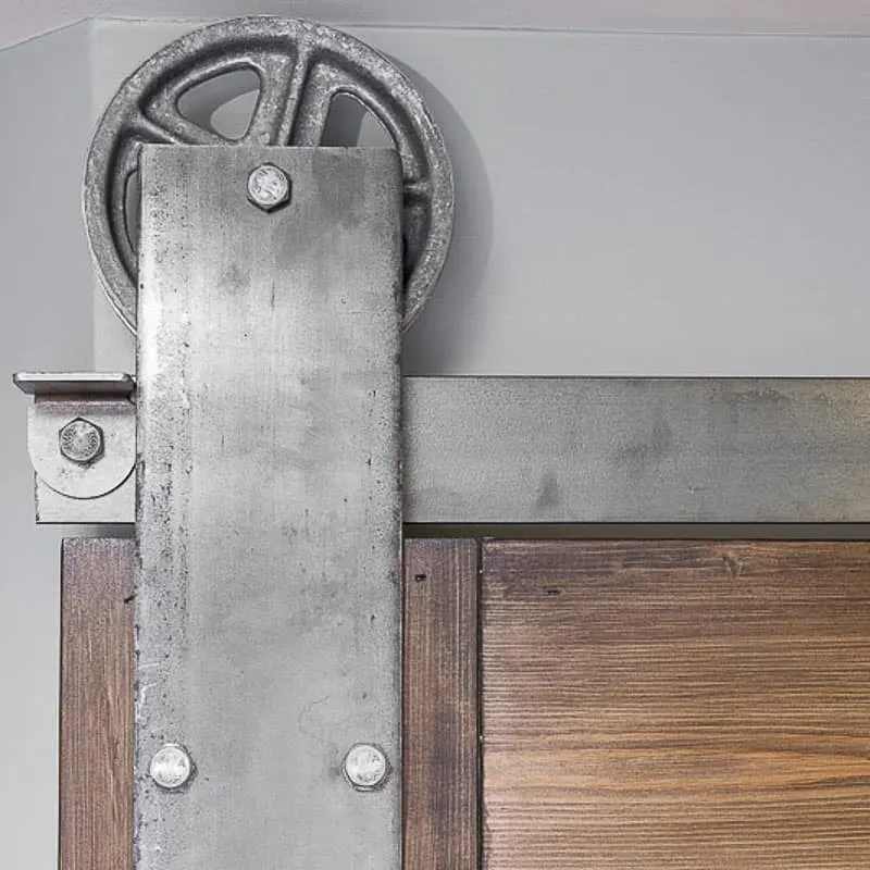 metal barn door hardware on DIY barn door