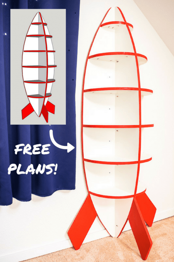 This rocketship bookshelf is perfect for a space themed bedroom! Get the free woodworking plans and start building! | plywood project | woodworking | kids room | playroom