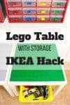 Need more Lego storage? This simple IKEA hack will add plenty of storage under the IKEA Lack table! Sort Lego pieces by color and shape with the overhead bins. What a great way to get some Lego organization in the kids playroom! #lego #legotable #legos #ikeahack