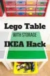 Need more Lego storage? This simple IKEA hack will add plenty of storage under the IKEA Lack table! Sort Lego pieces by color and shape with the overhead bins. What a great way to get some Lego organization in the kids playroom! #lego #legotable #legos #ikeahack
