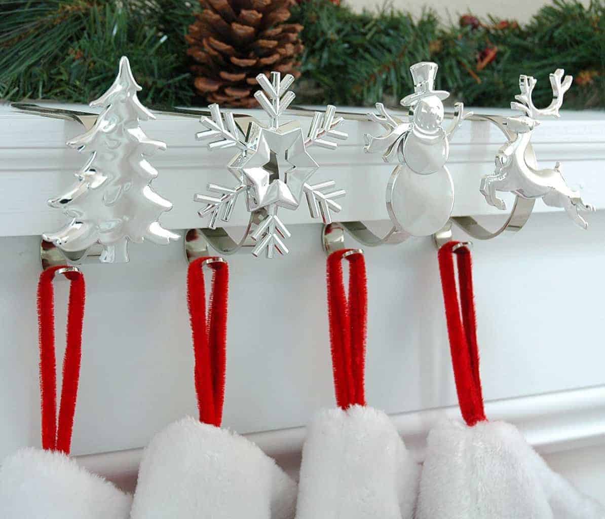 silver stocking hooks with Christmas themed images