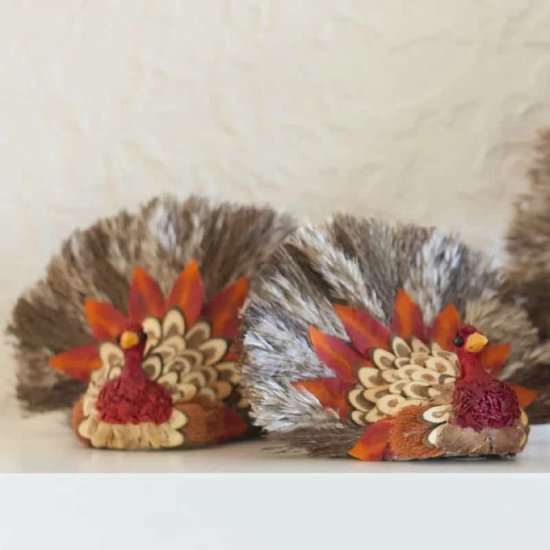 two turkey decorations made from feathers and wood slices