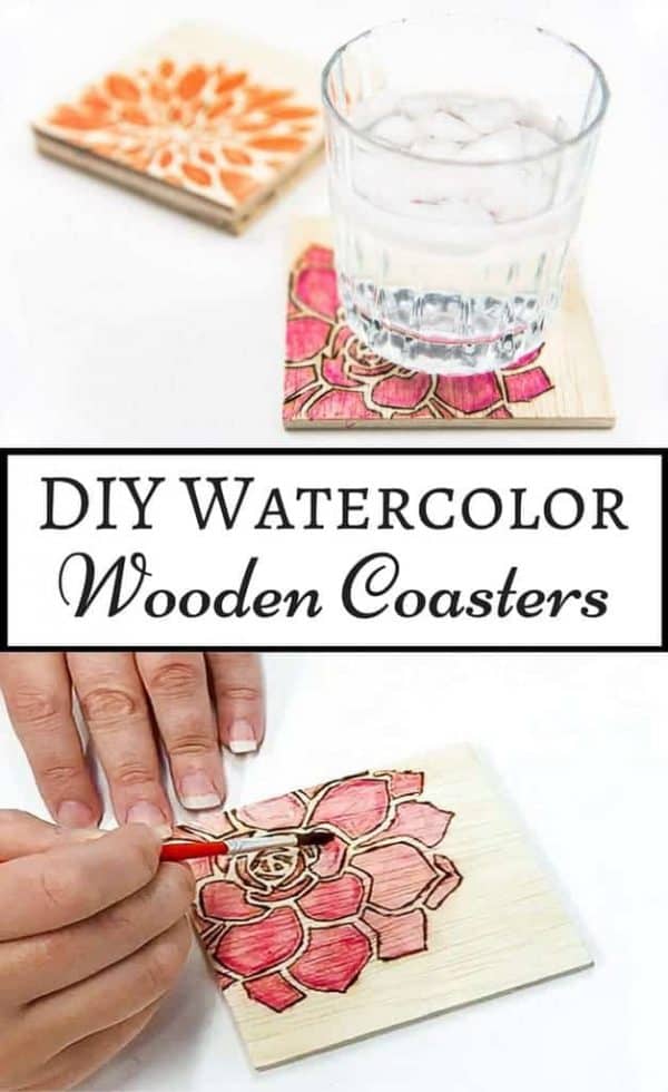 DIY wood burned coasters with watercolor